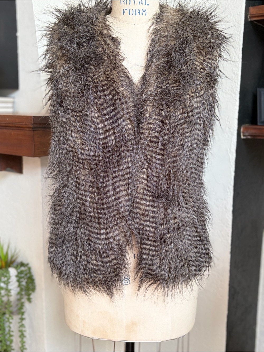 Faux Fur - Feather Striped Vest Brown Gray Open Front Boho